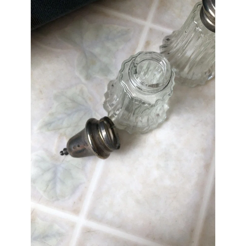 Vintage Salt & Pepper Shakers Glass with Silver Plated Tops Made in Hong‎ Kong